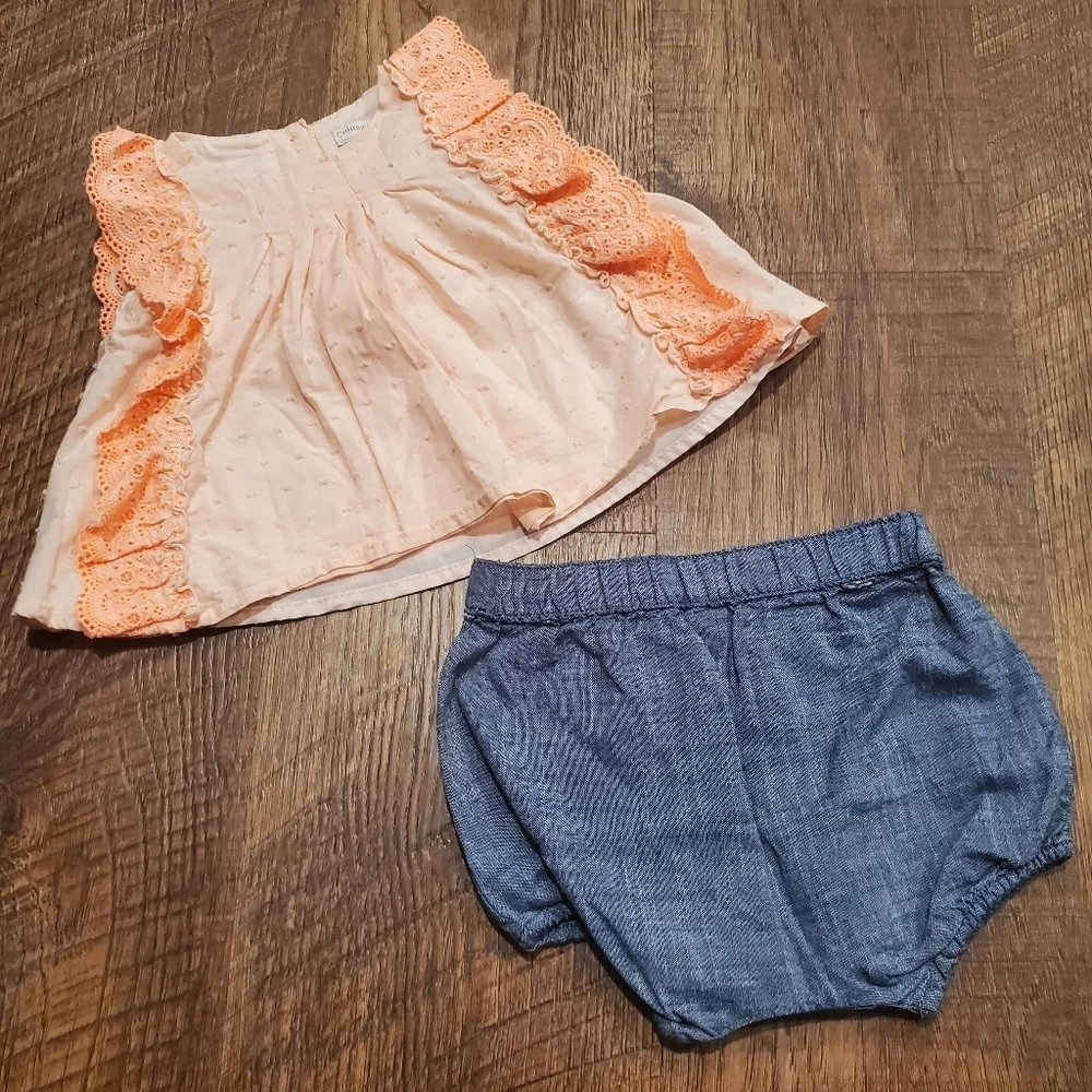 Catherine Malandrino Baby Girl Eyelet Pastel Pink Swiss Dot Top Chambray Shorts